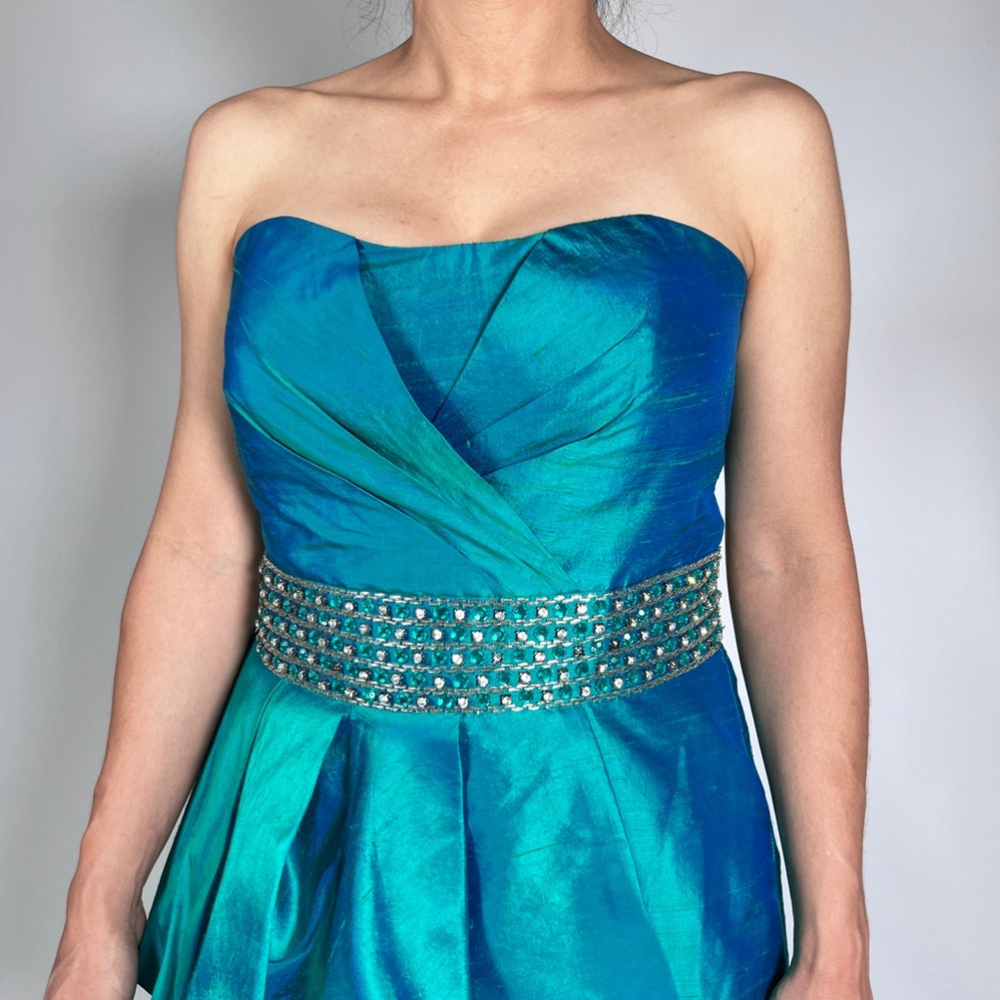 Women's JOVANI Silk Teal Mermaid Prom Jewelled Dress Size 12 - Picture 6 of 17